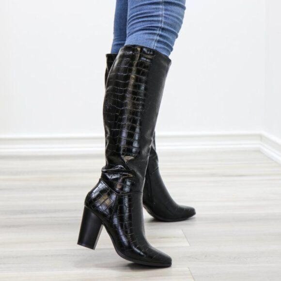 Black Pointy Croc Texture Boot Faux Shiny Leather - Picture 4 of 15